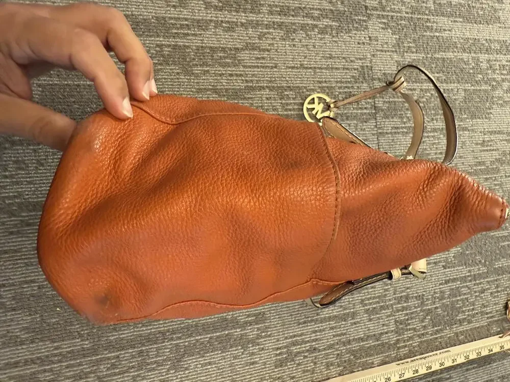 Michael Kors Pebbled Leather Tote Bag Womens Large Orange Shoulder Top Zip MK
